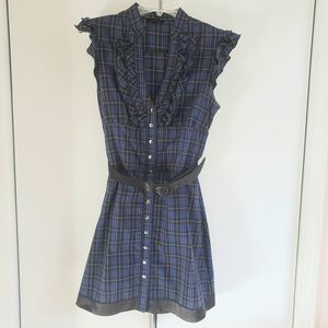 Mandee Blue Plaid Ruffle Short Sexy Dress with Belt